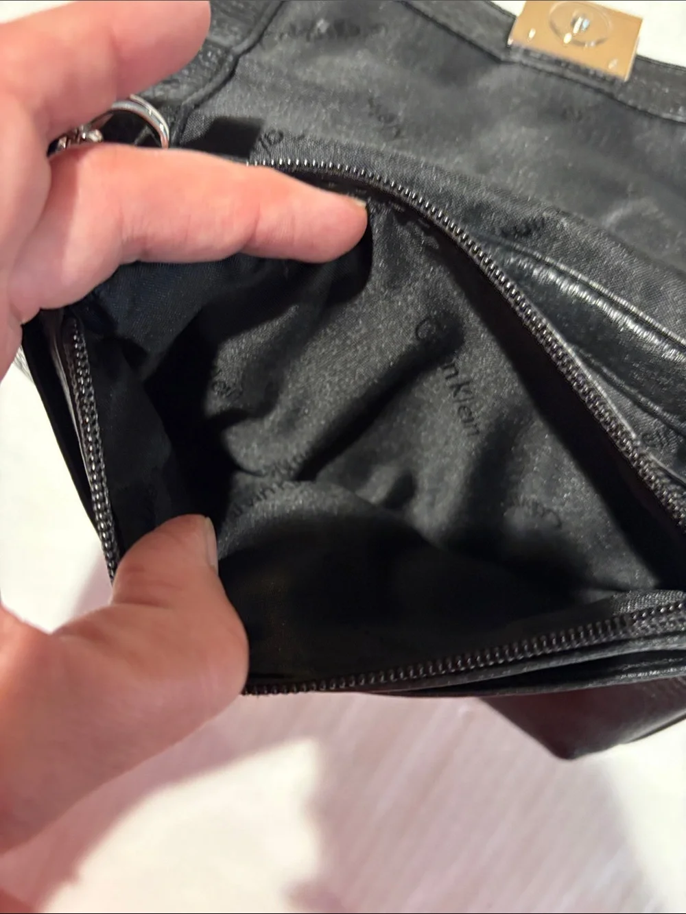 Calvin Klein Black Pebbled Leather Shoulder Bag with Rhinestone Lock